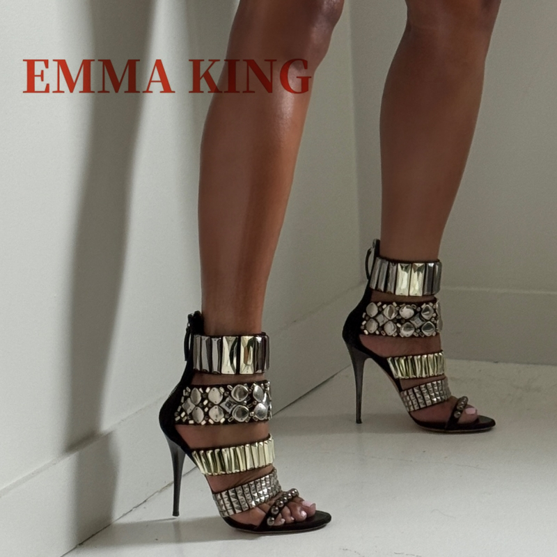 Women'S Fashion Q - Preto embelezado tornozelo cinta sandálias verão
