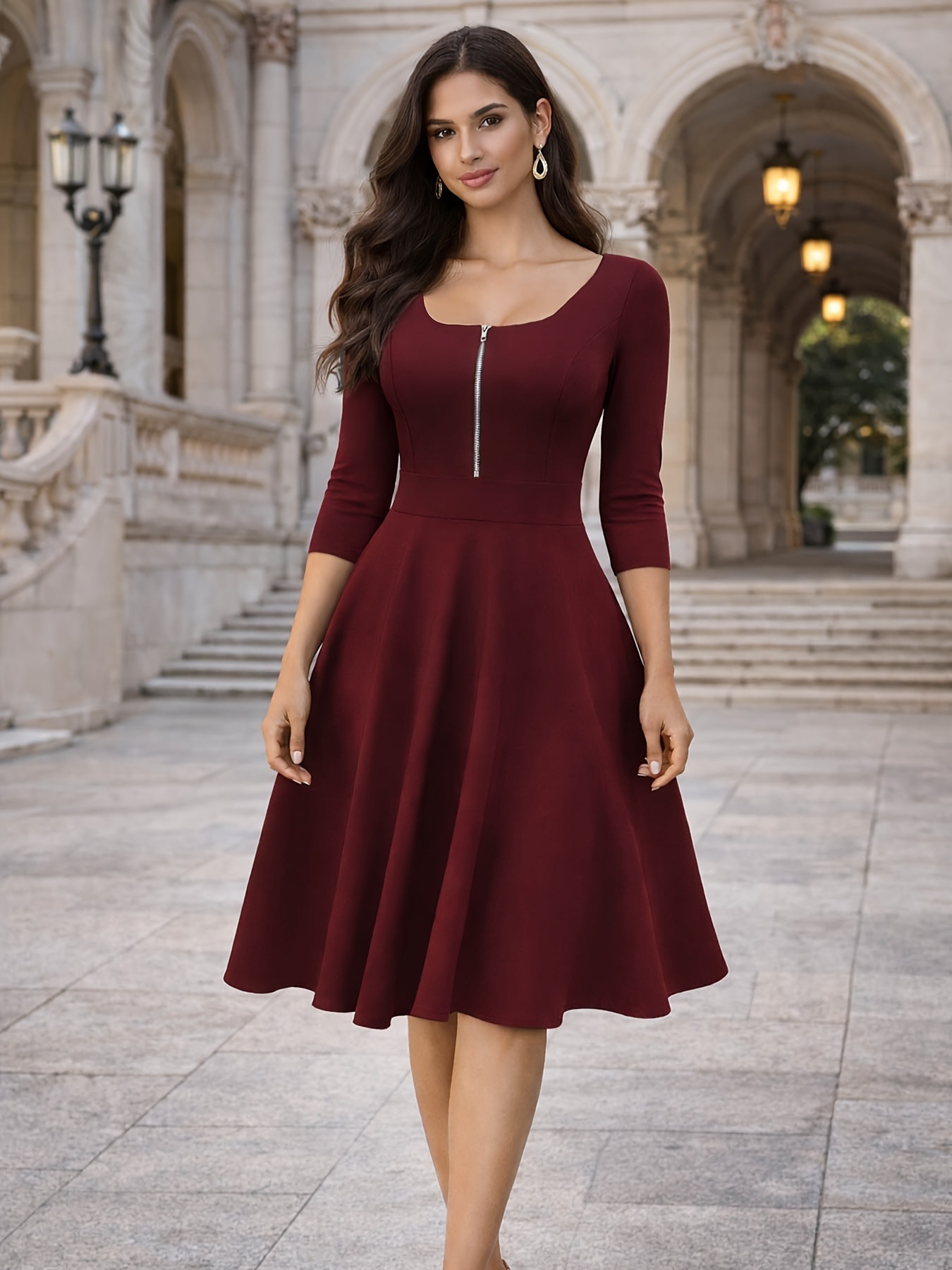 Women'S Fashion Quarter Zip - Vestido Feminino Slim com Zíper Frontal