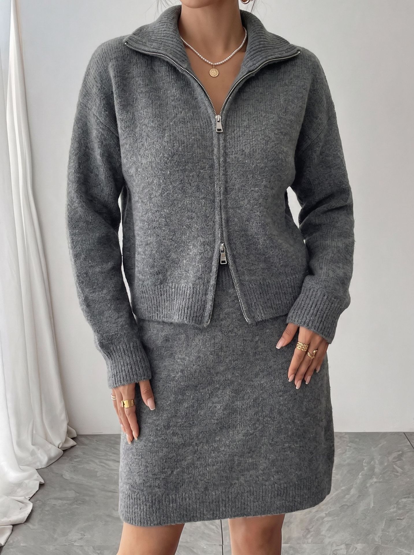 Women'S Fashion Quarter Zip - Conjunto de Moletom Elegante de Tricô