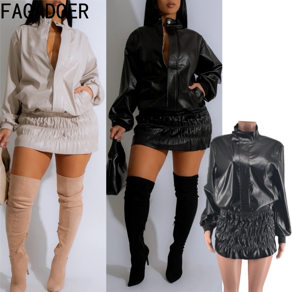 Women'S Fashion Quarter Zip - Fagadoer punk couro 2 peça define