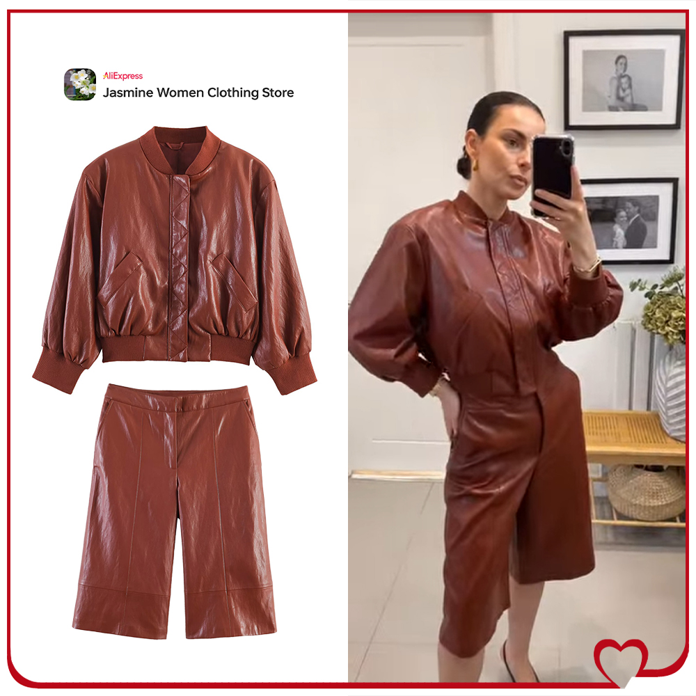 Women'S Fashion Quarter Zip - Conjunto Feminino de Couro Sintético: Jaqueta